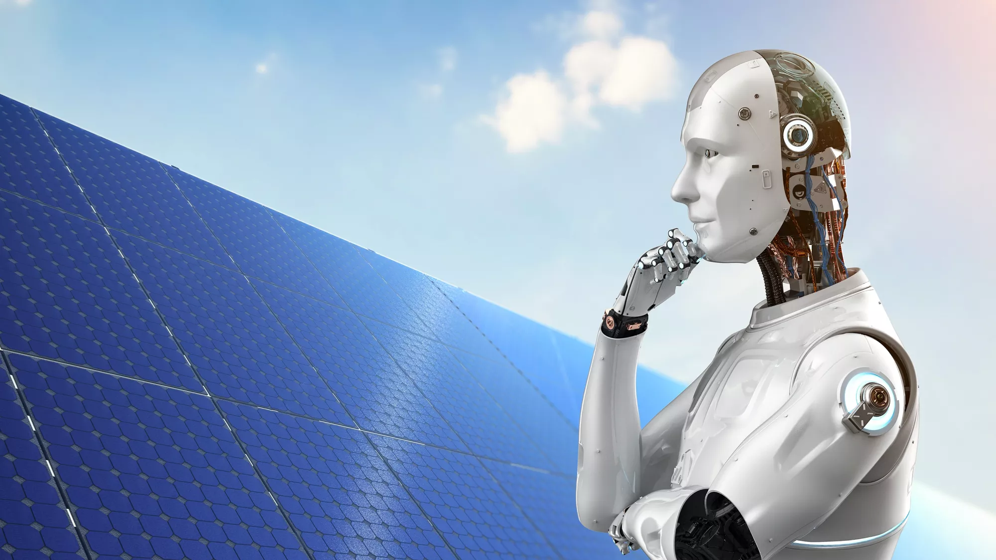 Intelligence artificielle réfléchissant devant un panneau solaire dans un contexte d'énergies renouvelables.