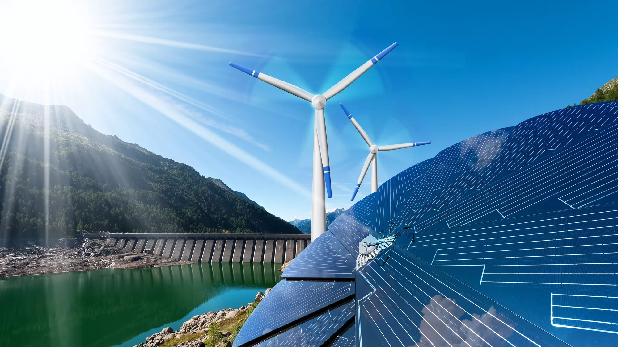 Le mix énergétique vu à travers un montage des trois énergies renouvelables : hydroélectrique, éolien, et solaire.