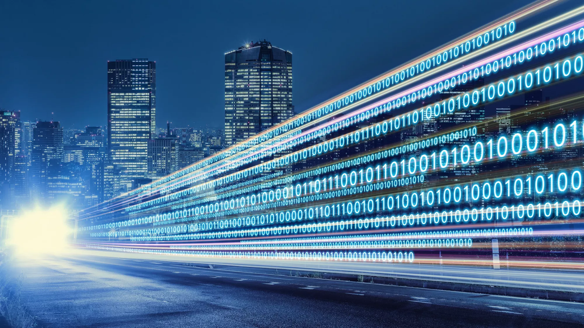 Smart city numérique, symbolisée par un langage binaire. 