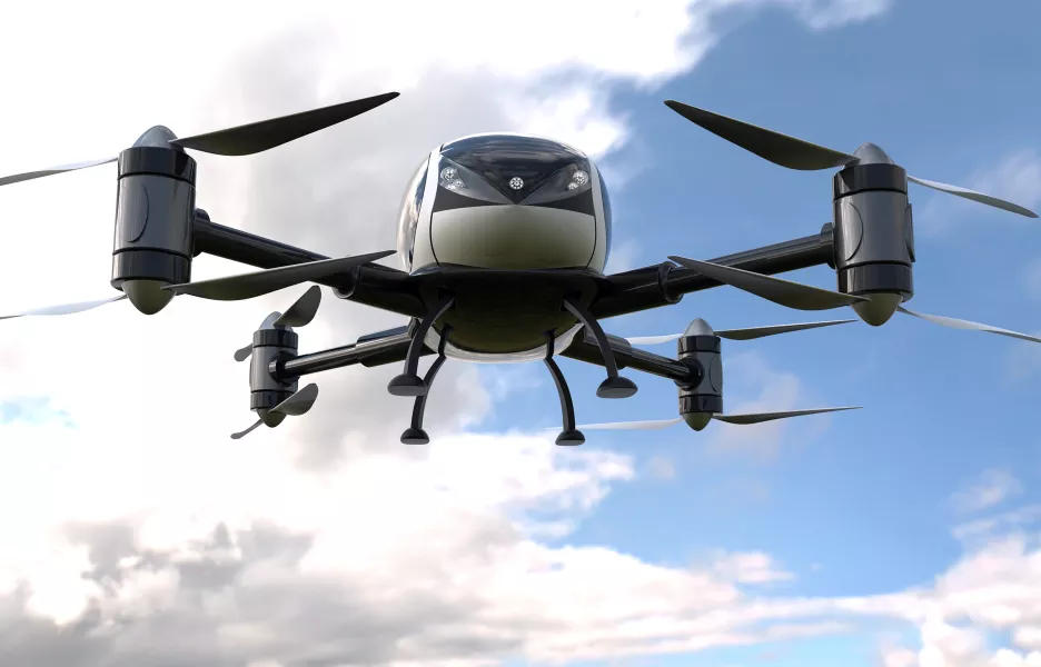 Taxi quadcopter électrique alimenté avec des énergies renouvelables.