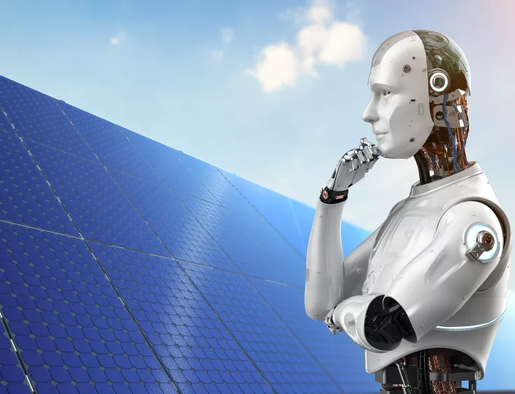 Intelligence artificielle réfléchissant devant un panneau solaire dans un contexte d'énergies renouvelables. 