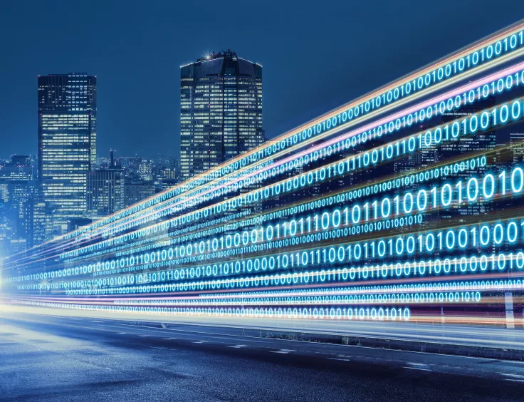 Smart city numérique, symbolisée par un langage binaire. 